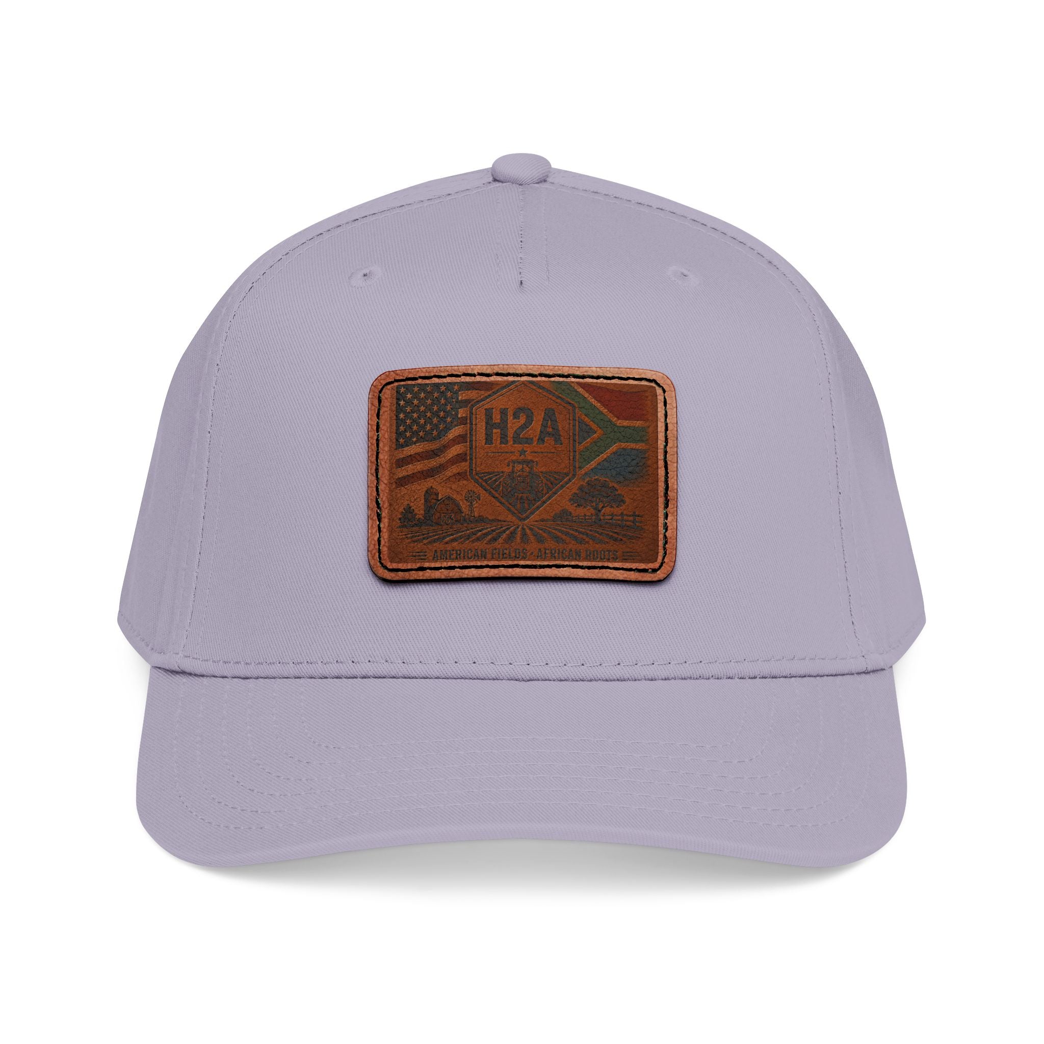 Two-tone baseball cap, light gray crown with matching light gray brim and rectangular H2A patch