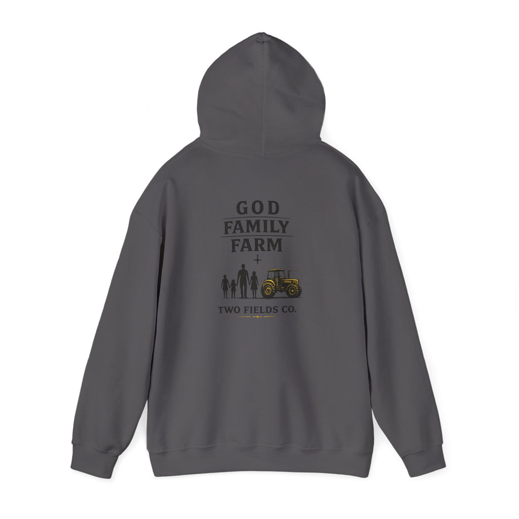 Dark gray pullover hoodie with GOD FAMILY FARM graphic and tractor on back