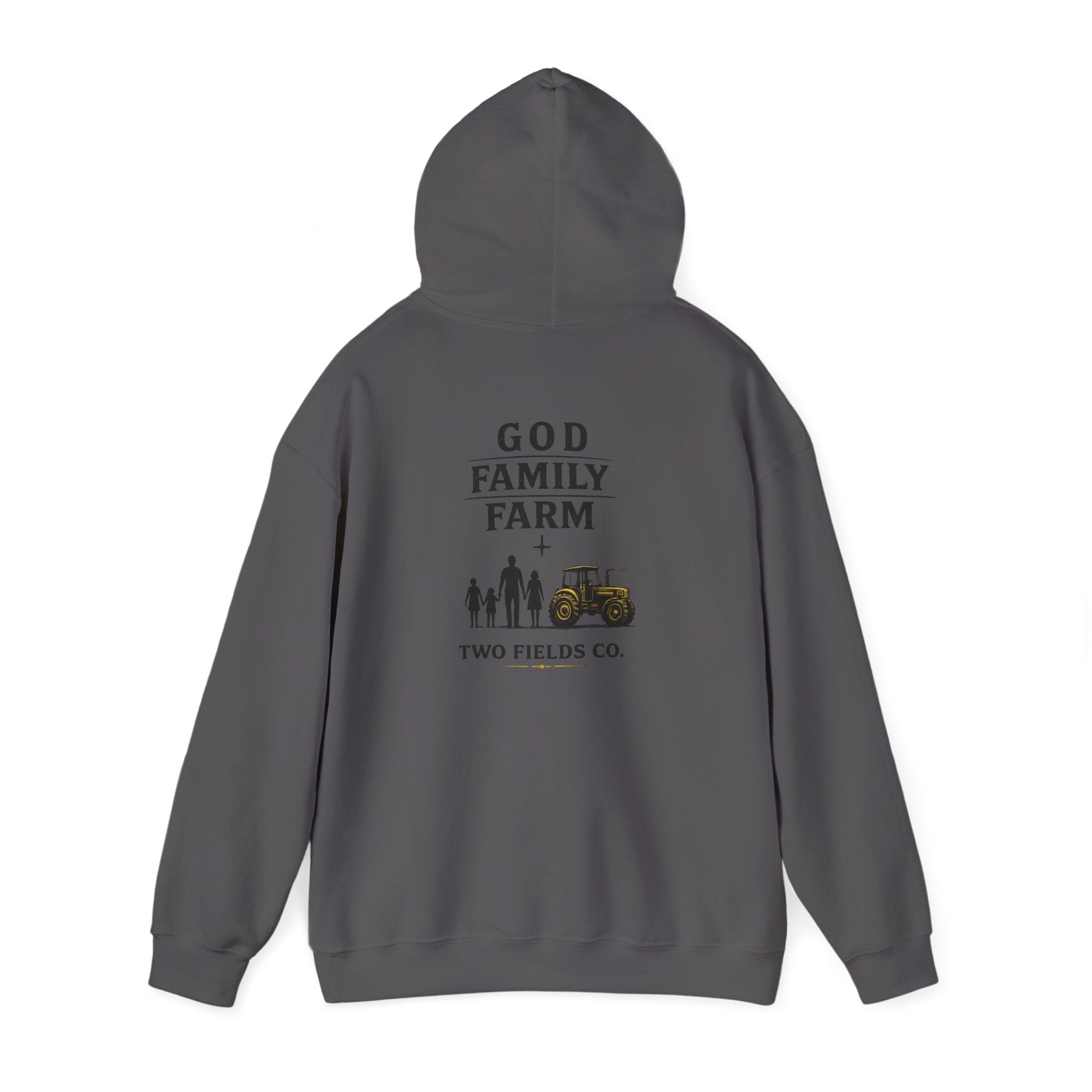 Dark gray pullover hoodie with GOD FAMILY FARM graphic and tractor on back