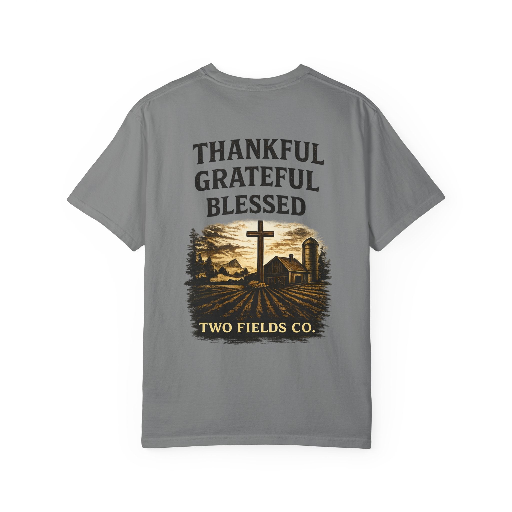 Gray crewneck t-shirt with 'THANKFUL GRATEFUL BLESSED' farm cross graphic
