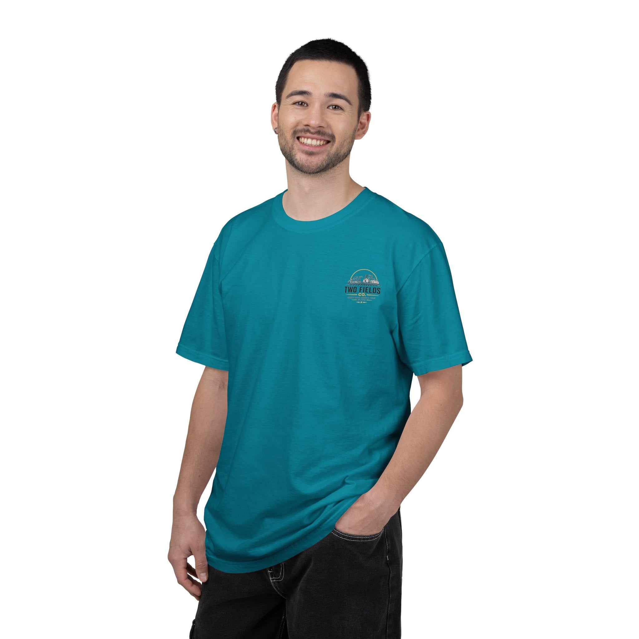 Teal blue T-shirt on model with small Two Fields Co arched logo on chest