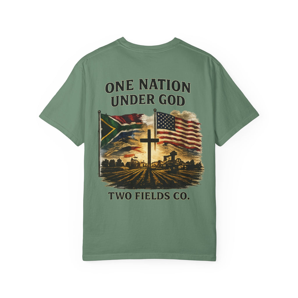 Green crewneck T-shirt front panel with cross and American flag graphic and text