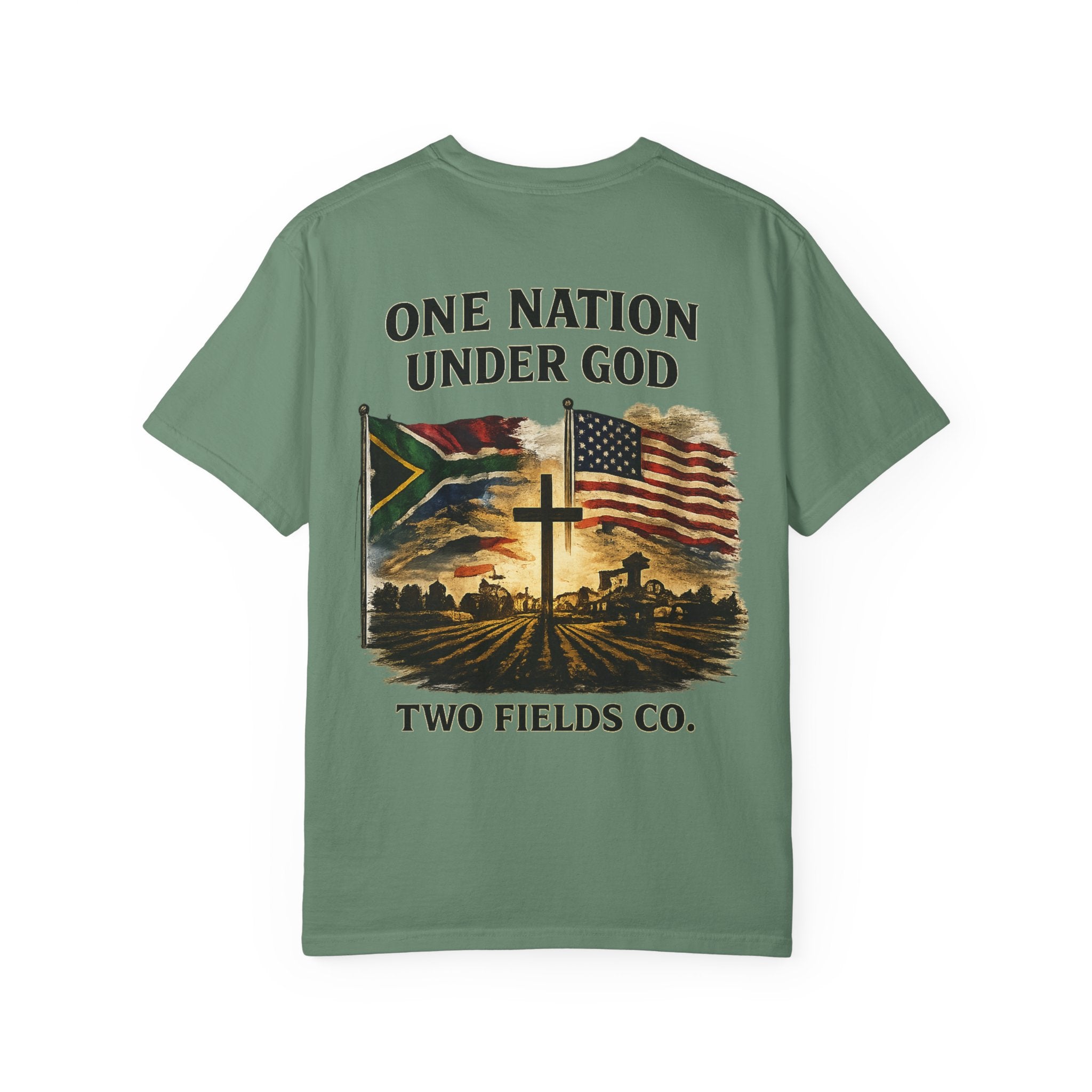 Green crewneck T-shirt front panel with cross and American flag graphic and text