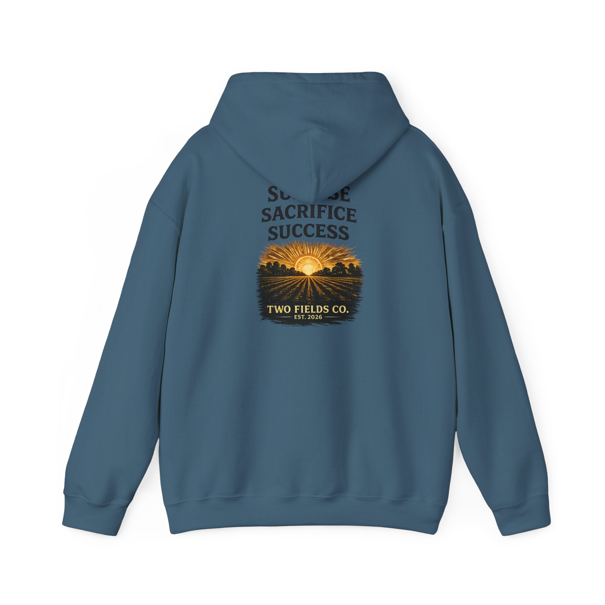 Teal blue hooded sweatshirt with “Sunrise Sacrifice Success” back graphic and logo