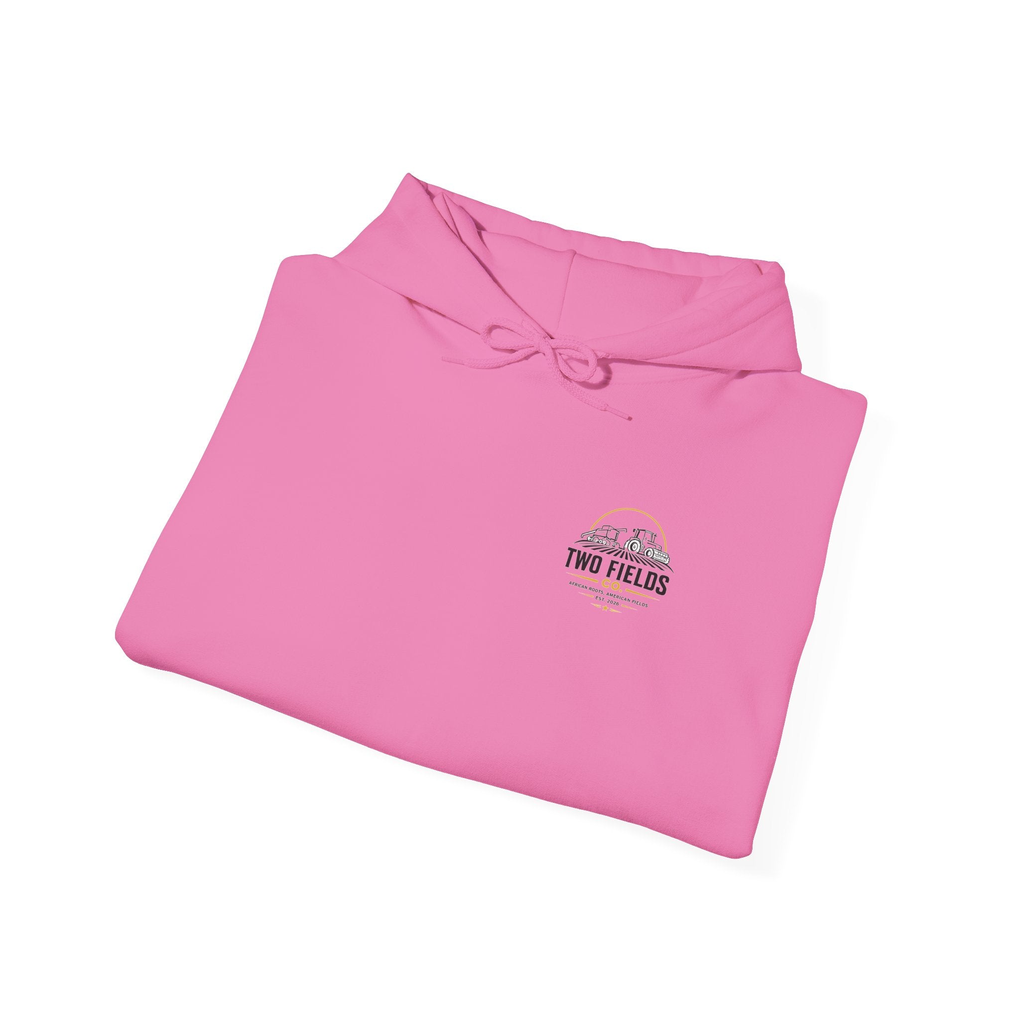 Pink pullover hoodie folded flat, small chest logo badge detail