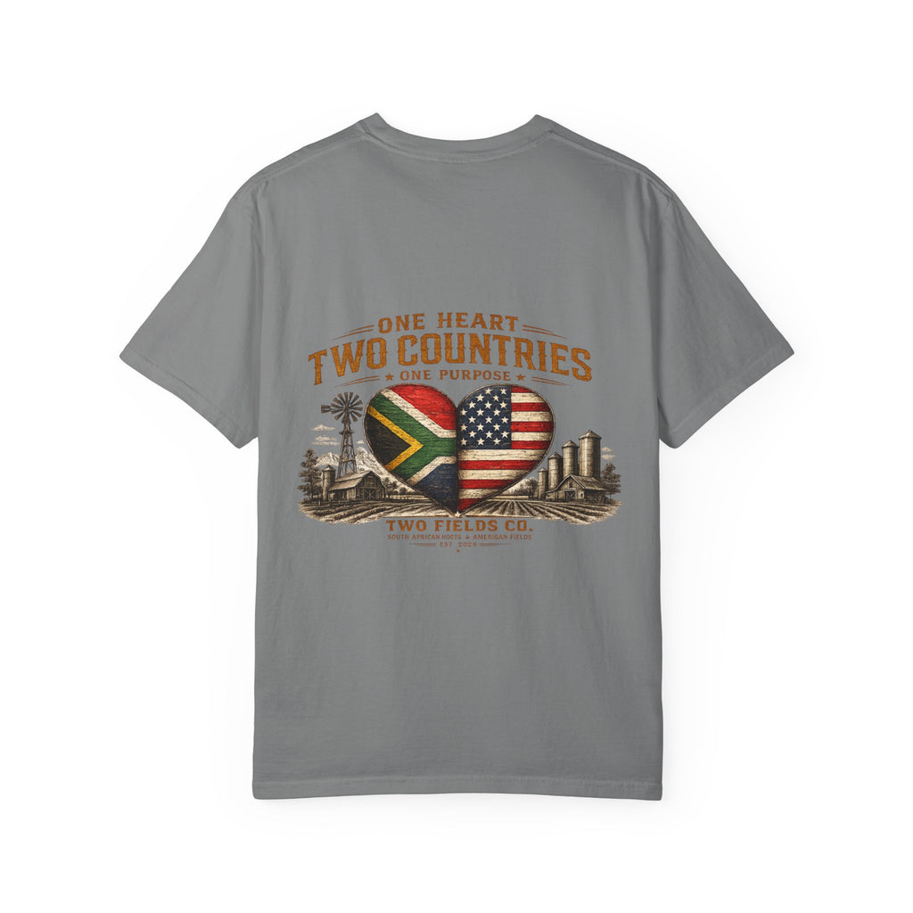 Grey crewneck T-shirt with large heart graphic featuring South Africa and USA flags