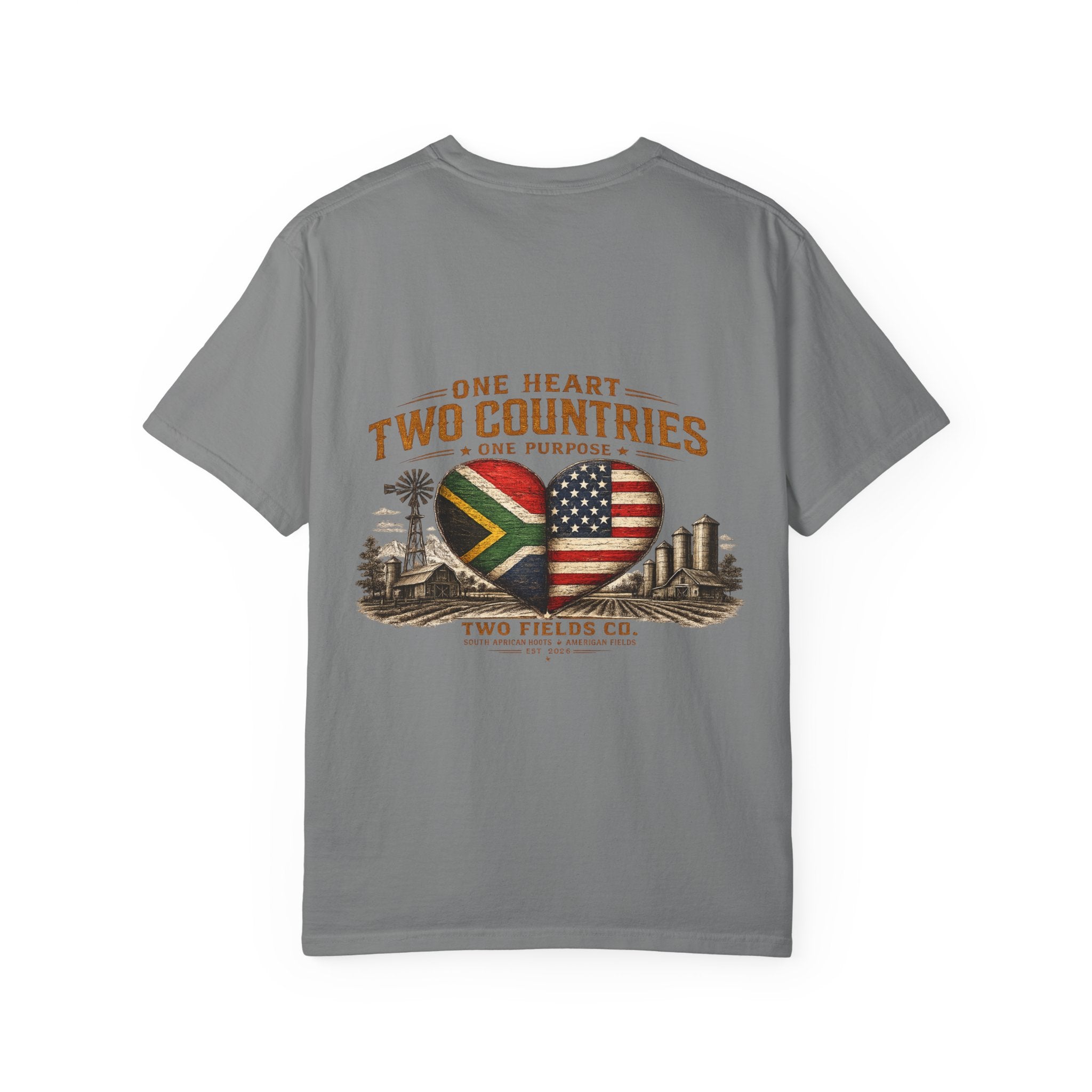 Grey crewneck T-shirt with large heart graphic featuring South Africa and USA flags