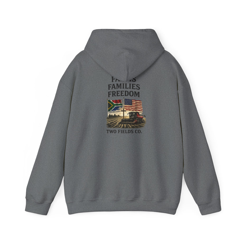 Charcoal pullover hoodie with drawstring hood and back Freedom graphic print
