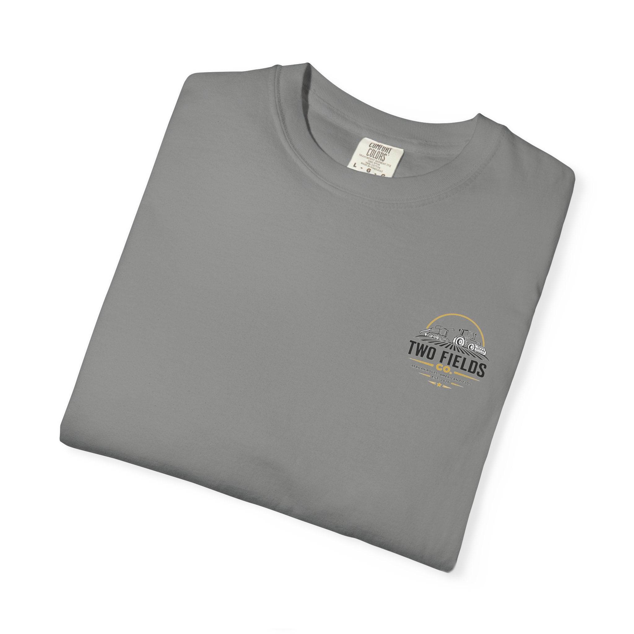 Gray crew-neck T-shirt, side view, small Two Fields chest logo