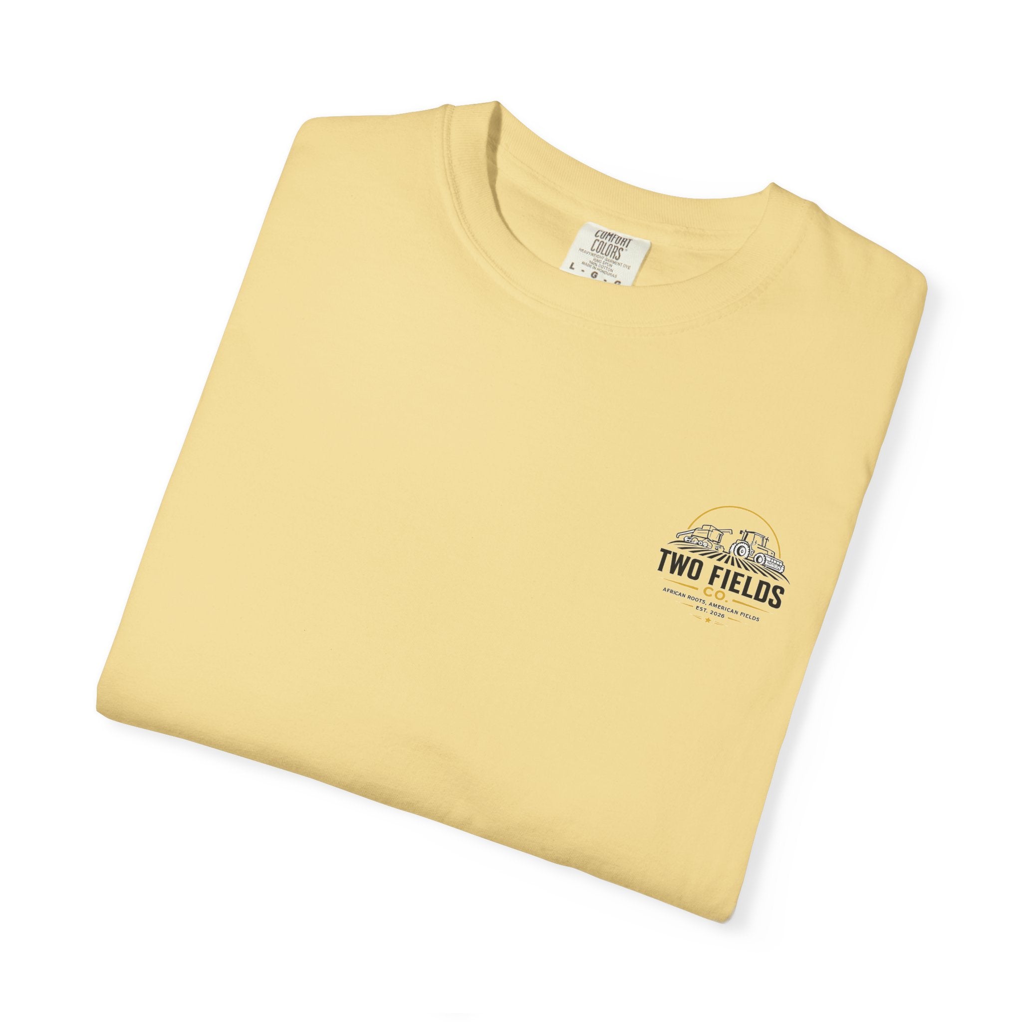 Light yellow crew-neck T-shirt folded view with small chest logo