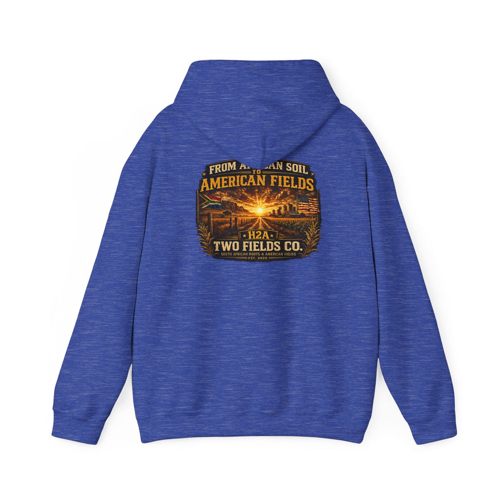 Royal blue hoodie pullover, back view with large centered graphic text print