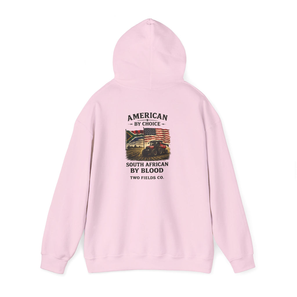 Pink pullover hoodie with hood up and back graphic print