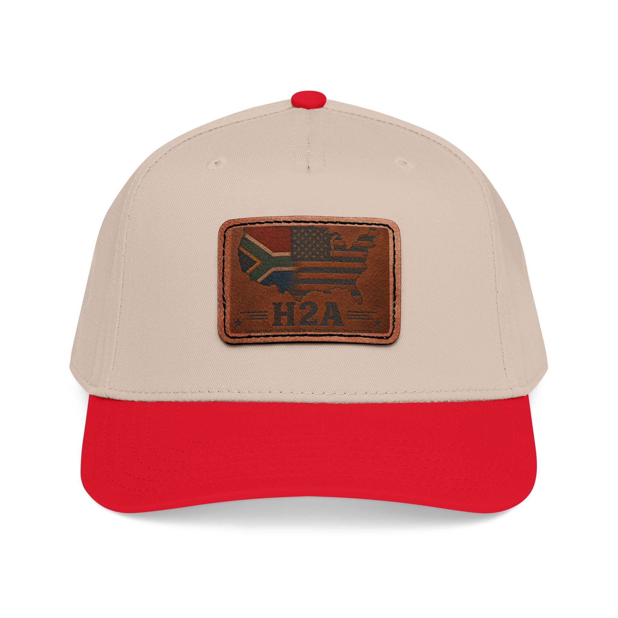 Two-tone baseball cap with rectangular leather patch and H2A flag design, beige and red