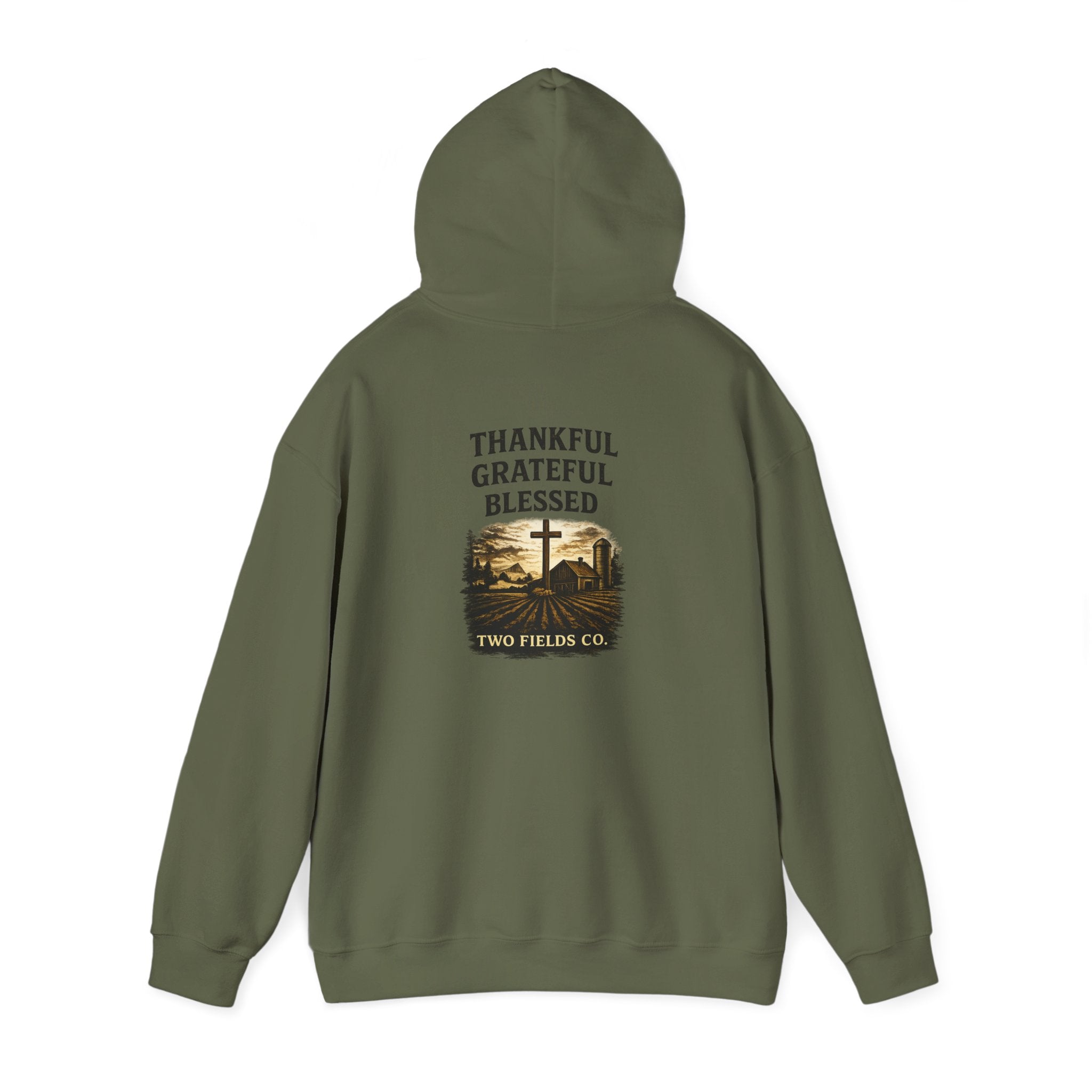 Olive green pullover hoodie with back print: Thankful Grateful Blessed cross and house graphic