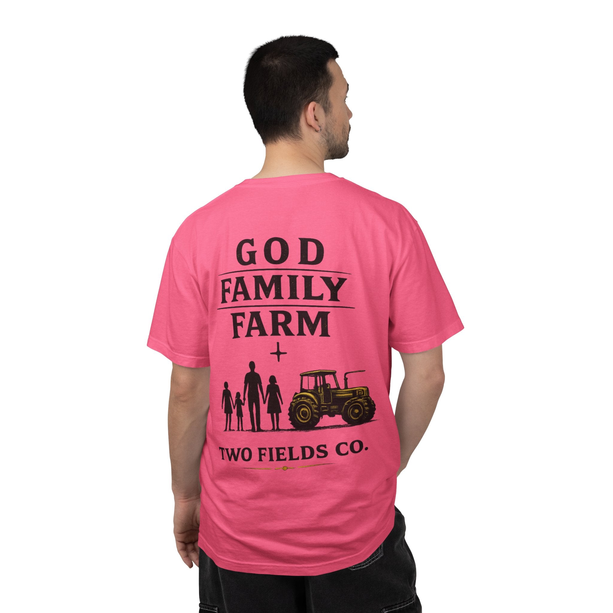 Pink crewneck T-shirt, back print with God Family Farm and tractor graphic