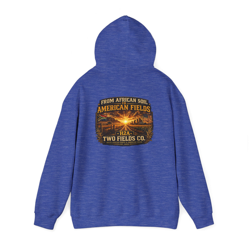 Blue hoodie pullover with hood up, back view showing centered vintage-style graphic