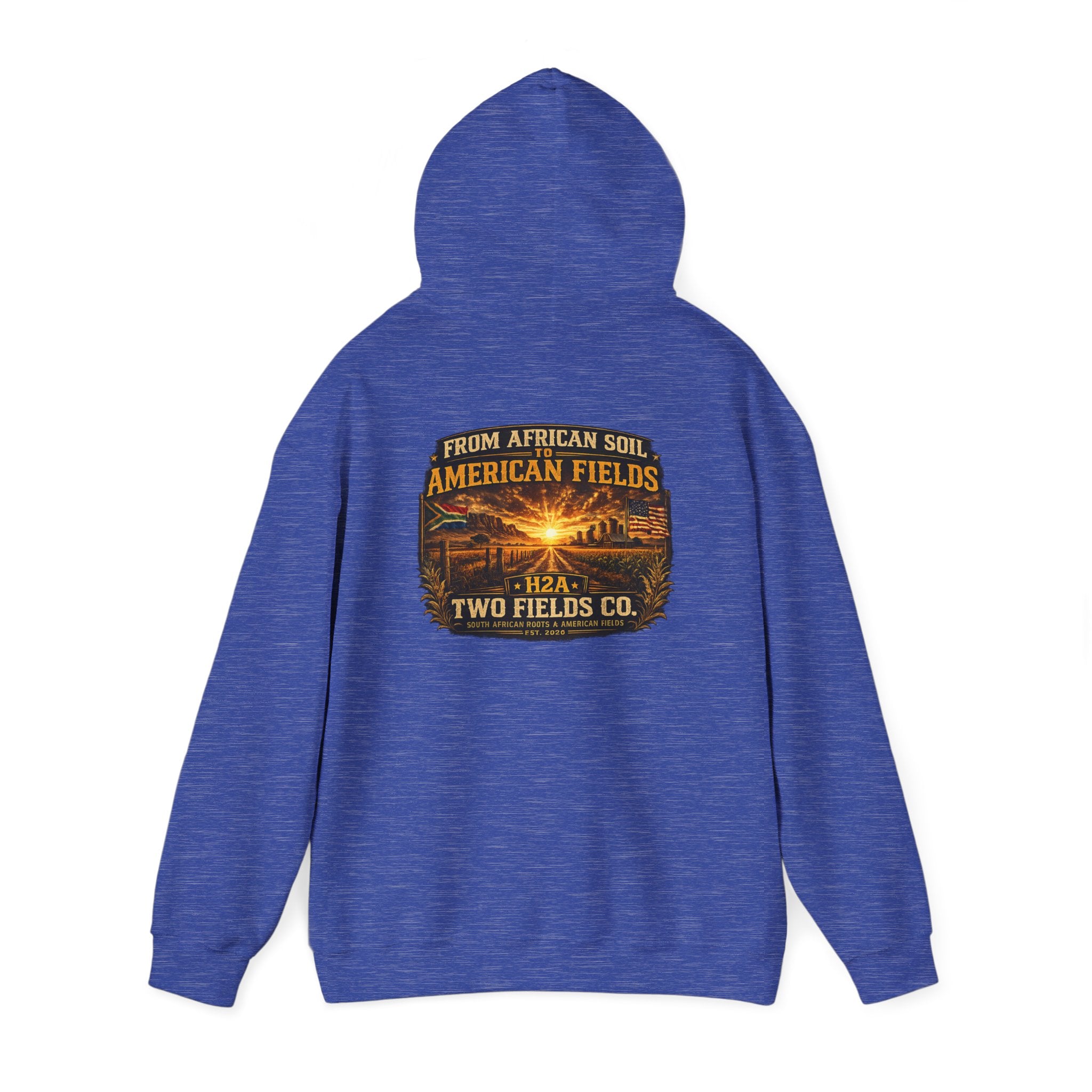 Blue hoodie pullover with hood up, back view showing centered vintage-style graphic
