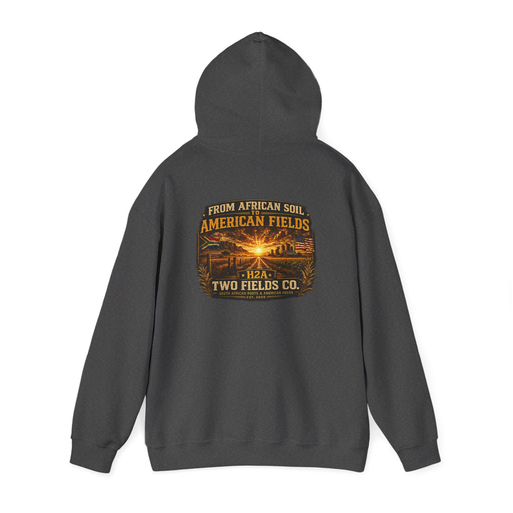 Dark gray pullover hoodie with large rear graphic logo print and hood