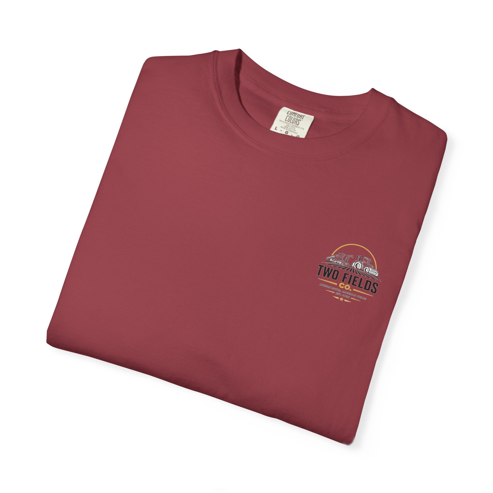Maroon crew neck T-shirt folded flat, showing small chest Twin Fields logo.