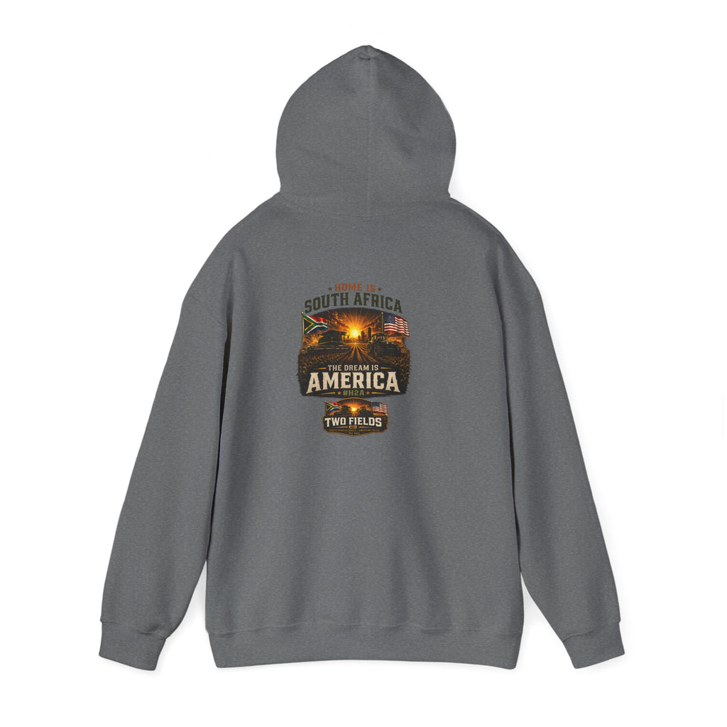 Charcoal heather pullover hoodie with back “South Africa America Two Fields” graphic.
