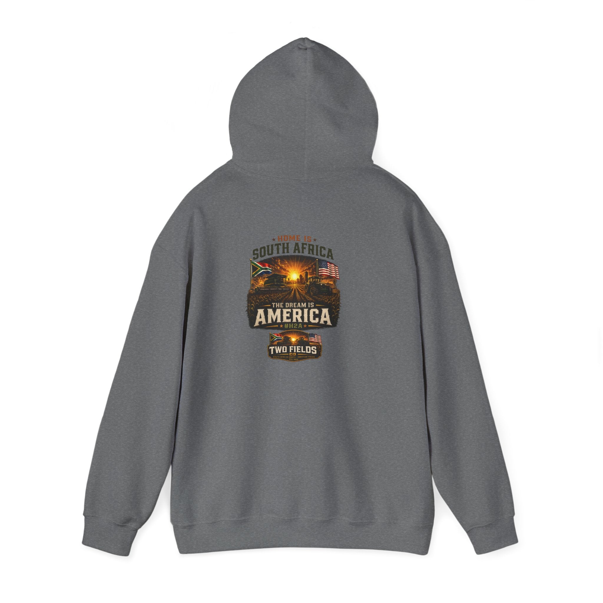 Charcoal heather pullover hoodie with back “South Africa America Two Fields” graphic.