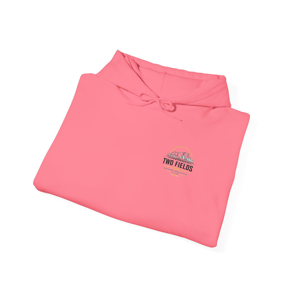 Coral red scenic graphic hoodie, folded with front pouch and small chest logo patch