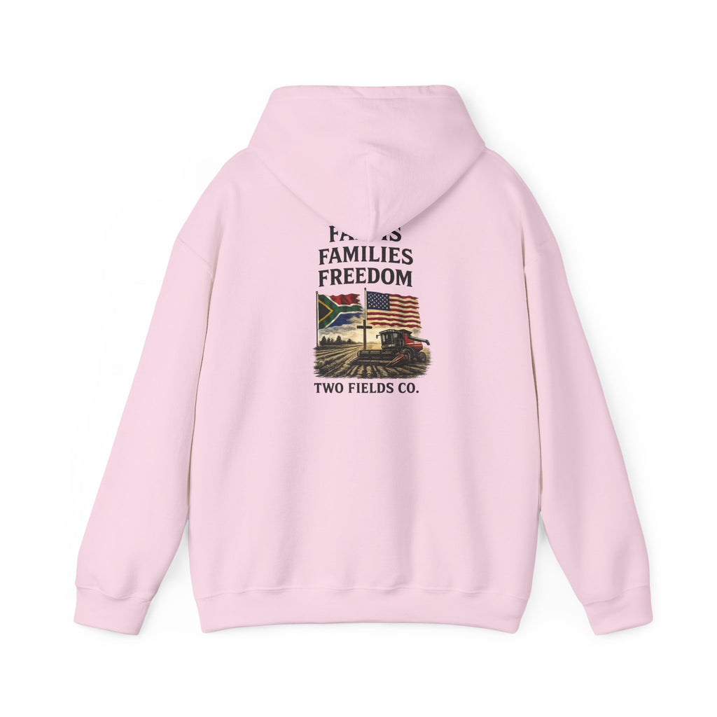 Light pink pullover hoodie with hood and 'Farms Families Freedom' graphic