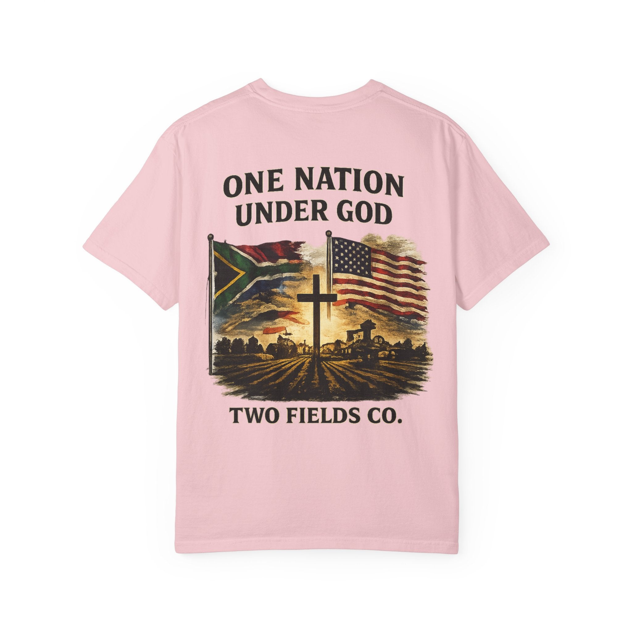 Light pink short-sleeve T-shirt with patriotic front graphic and text
