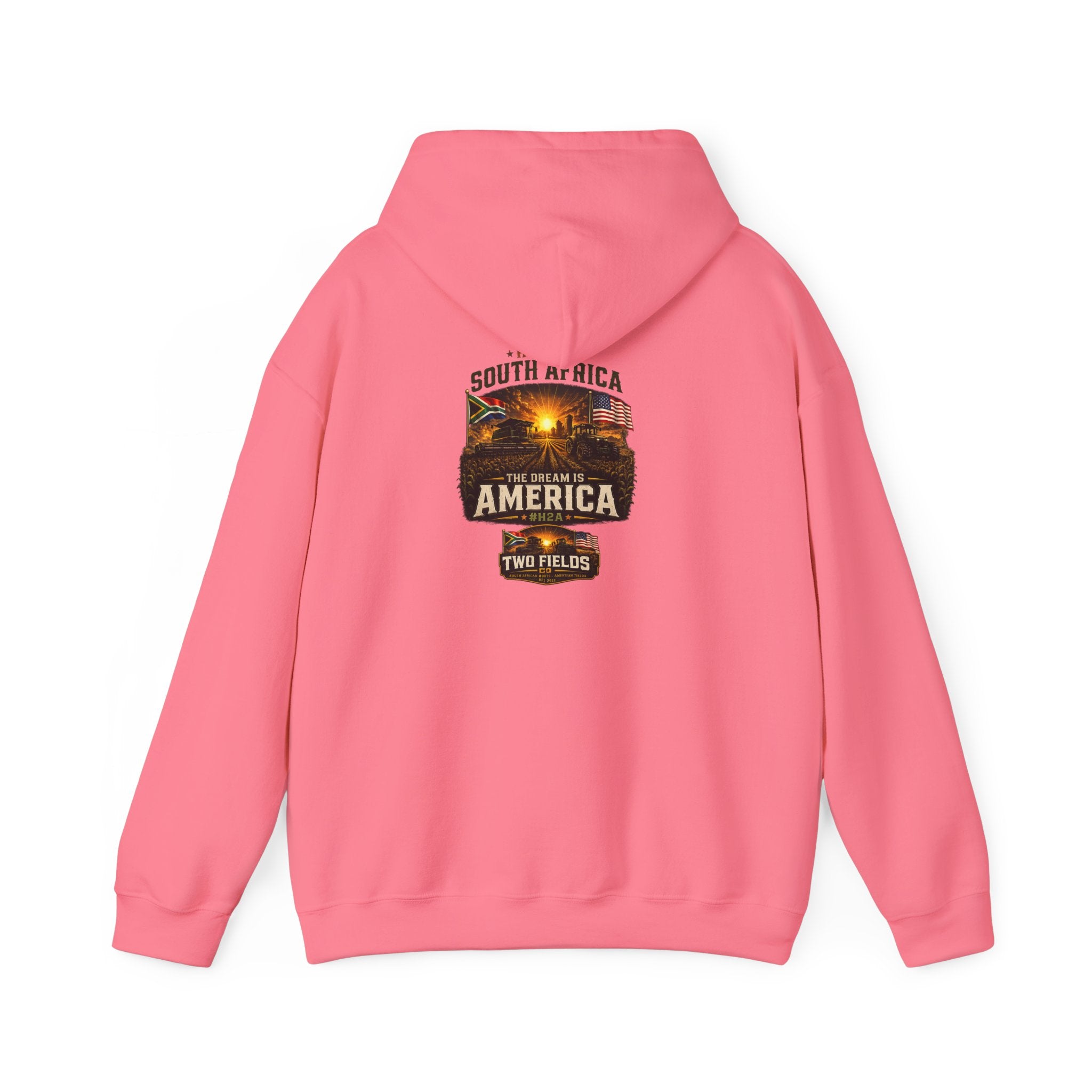 Safety pink pullover hoodie with front chest graphic print, front view
