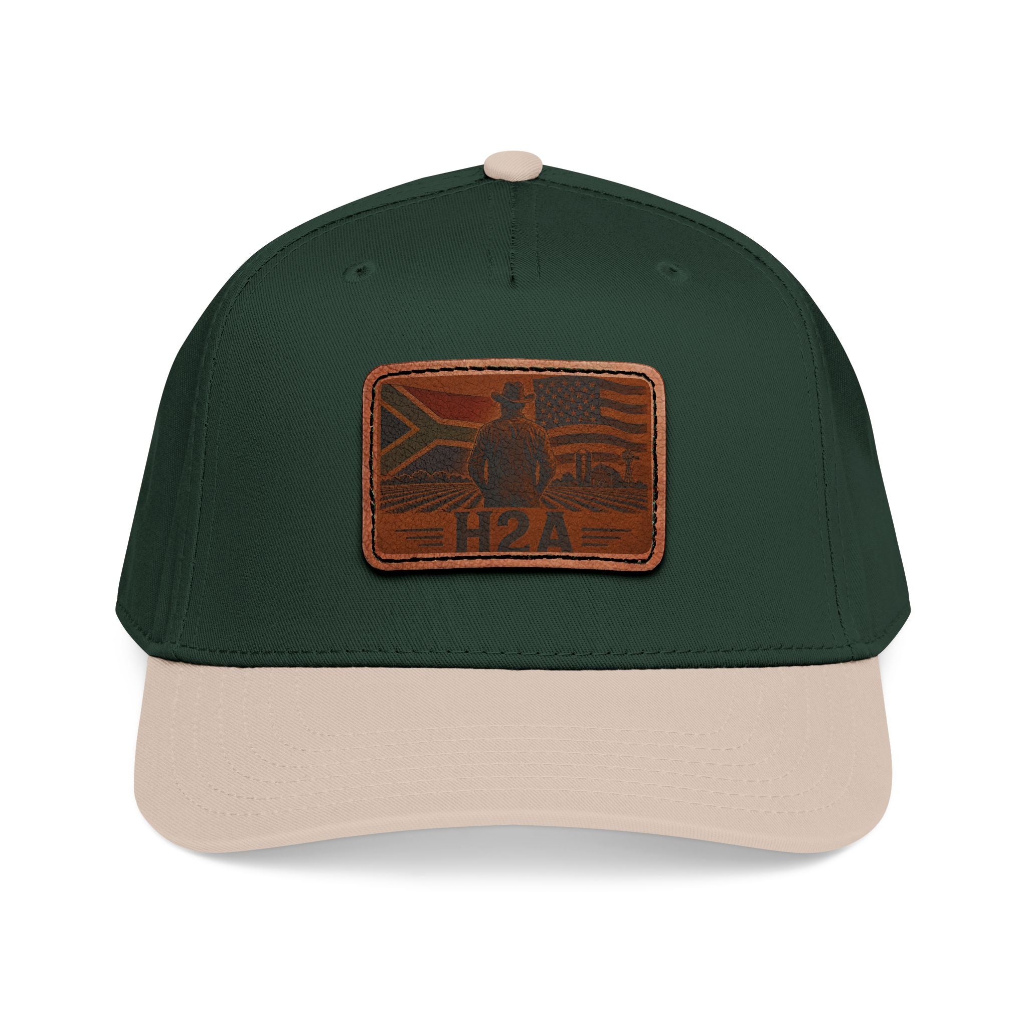 Two-tone leather patch baseball cap in dark green and light sand with H2A flag patch