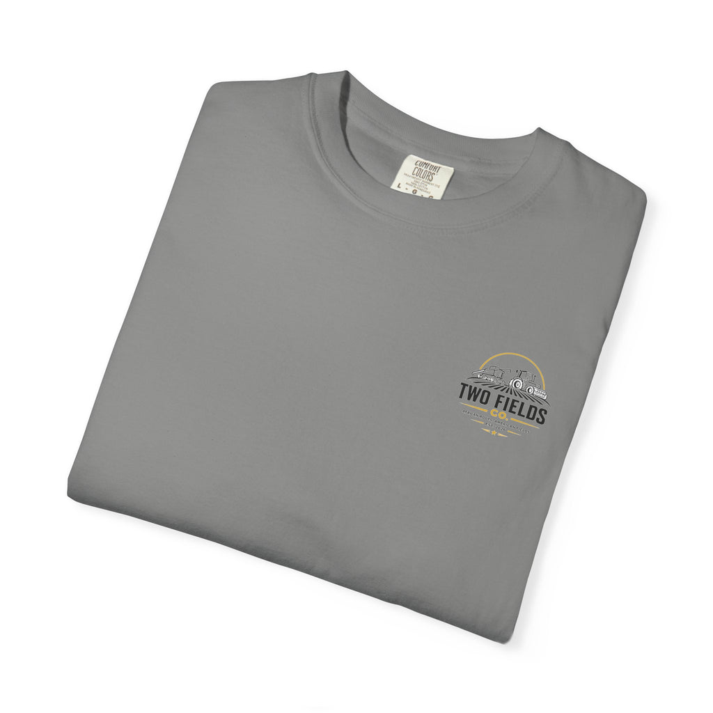 Grey short-sleeve T-shirt with small chest logo graphic