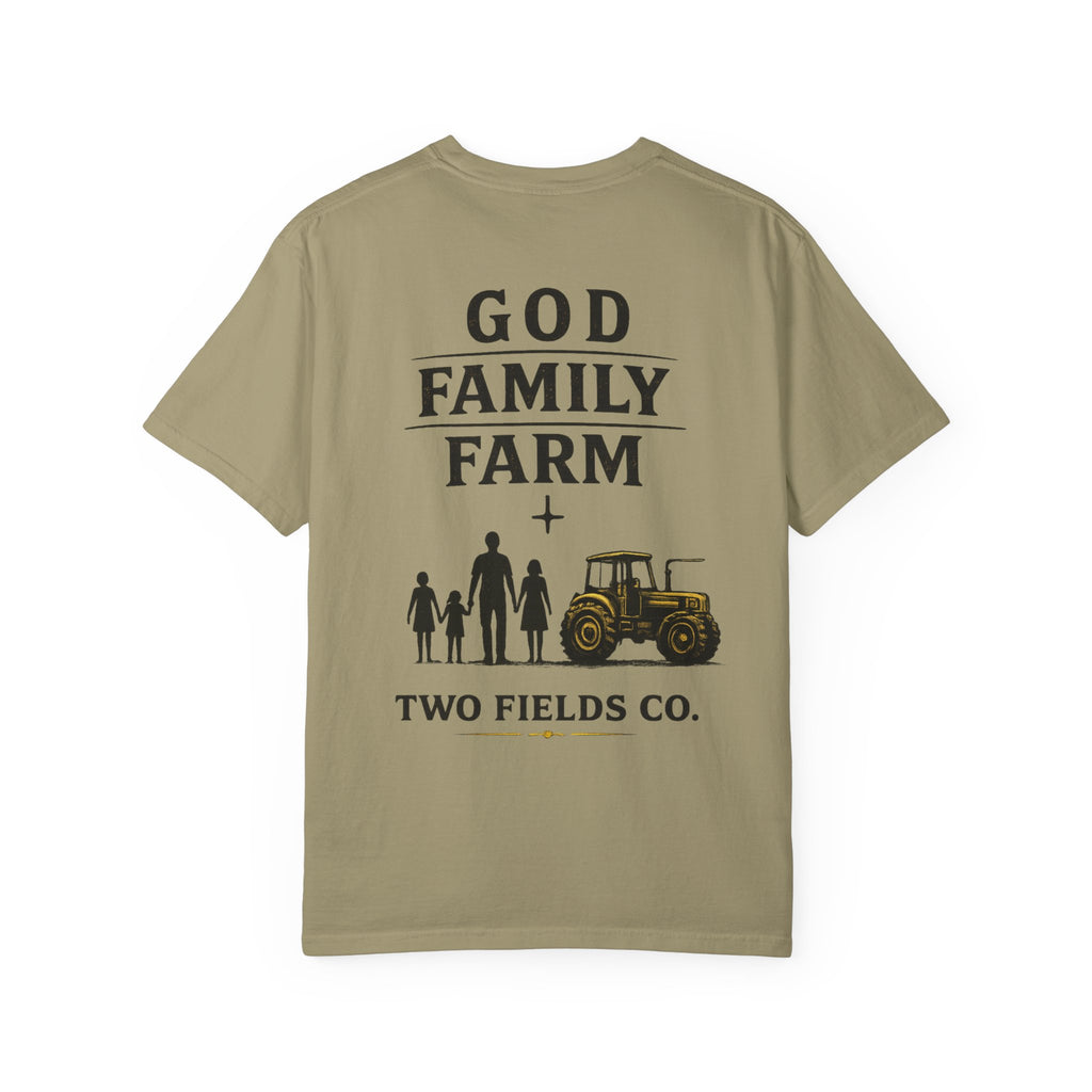 Olive family farm graphic T-shirt with “God Family Farm” text and tractor