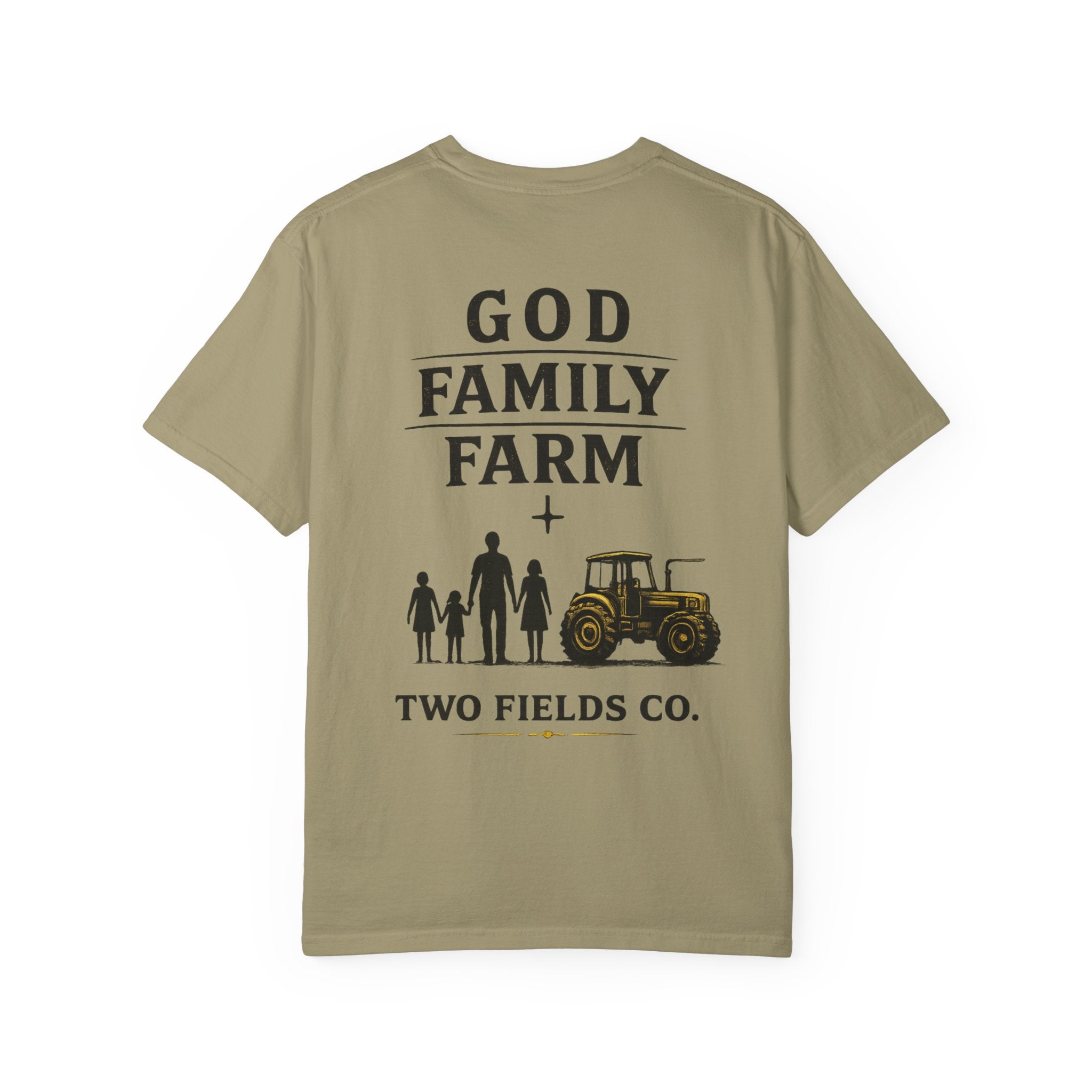 Olive family farm graphic T-shirt with “God Family Farm” text and tractor