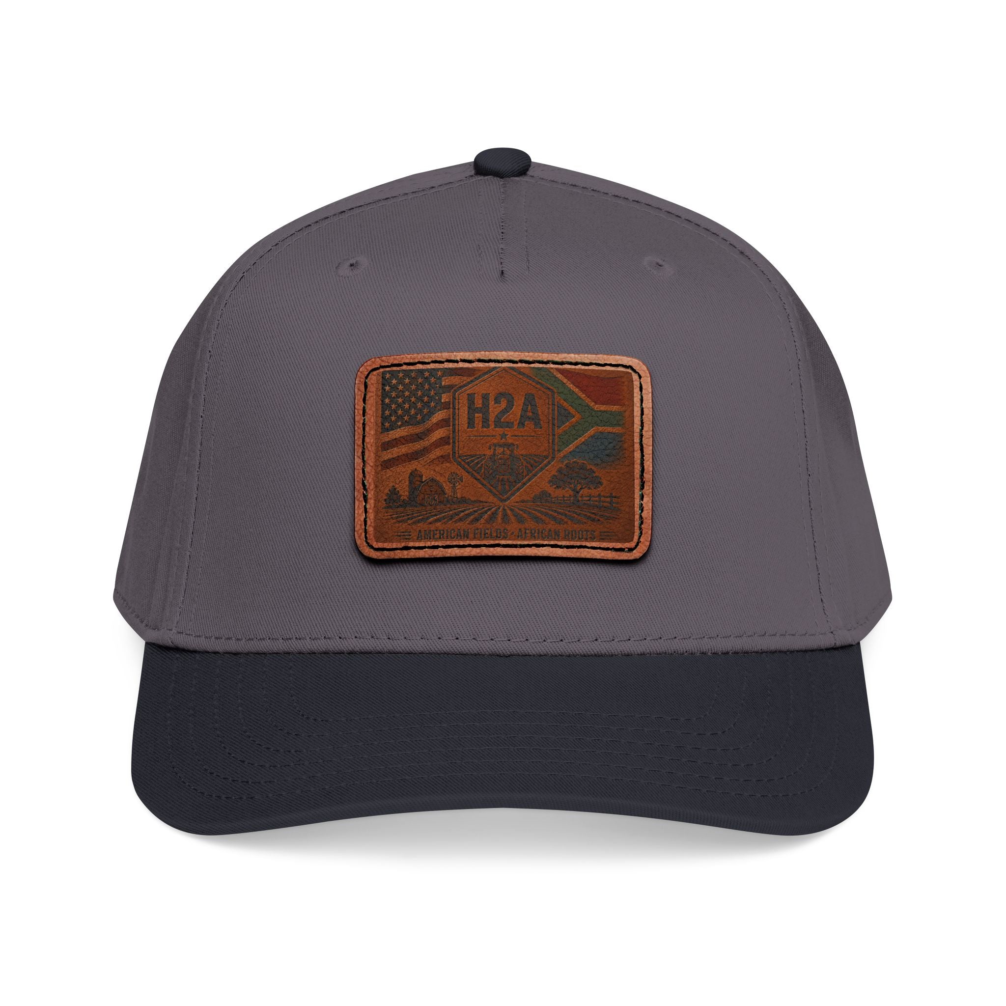 Dark gray baseball cap with rectangular H2A leather-look patch on front