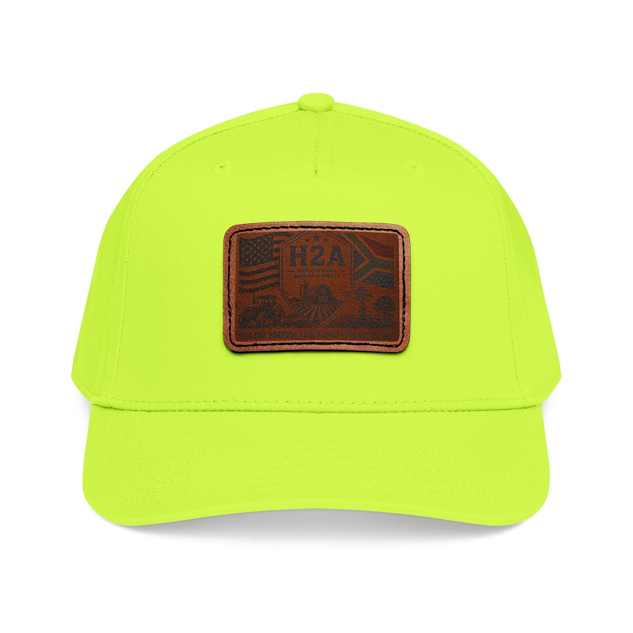 Lime green leather patch baseball cap with rectangular H2A flag design
