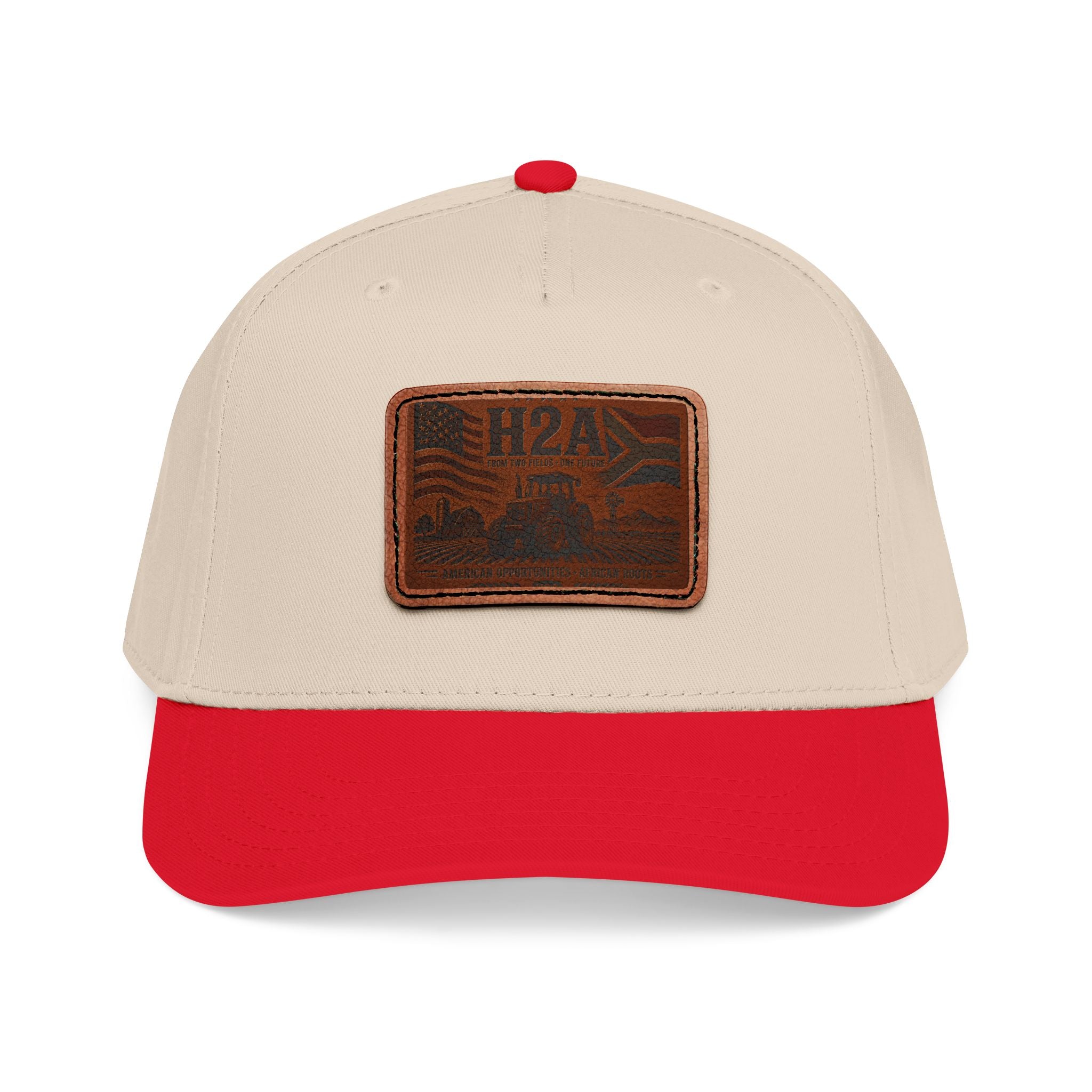 Beige and red baseball cap with rectangular H2A vintage logo patch