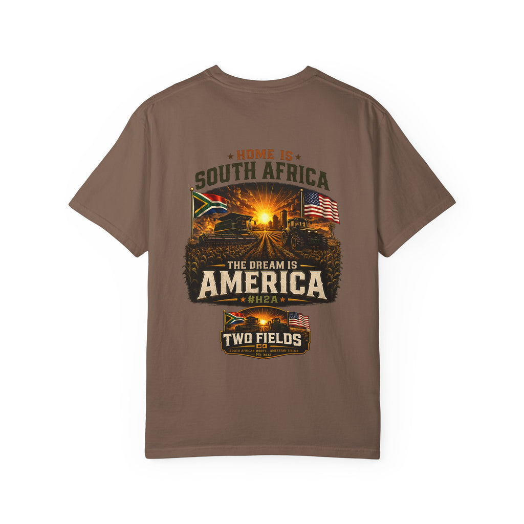 Brown graphic t-shirt with large “South Africa” and “America” front print