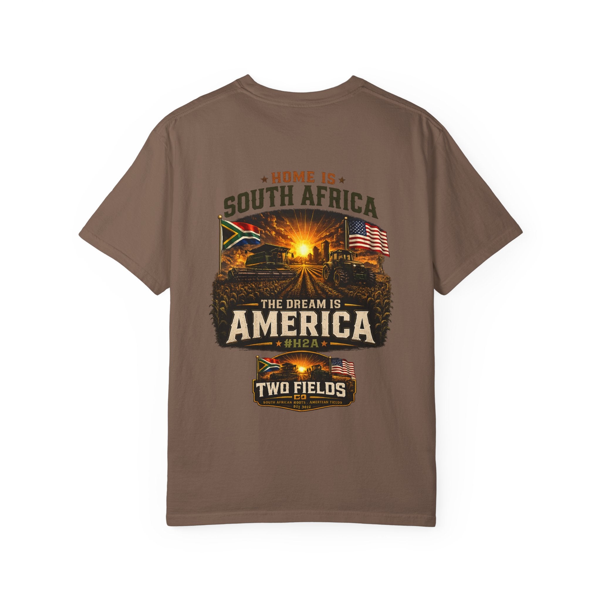 Brown graphic t-shirt with large “South Africa” and “America” front print