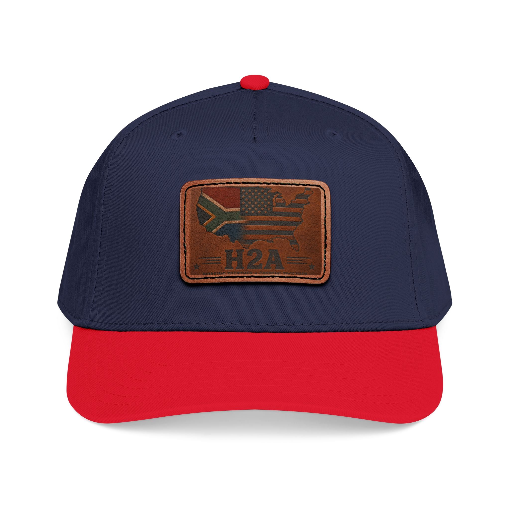Navy and red baseball cap with rectangular H2A flag leather patch on front