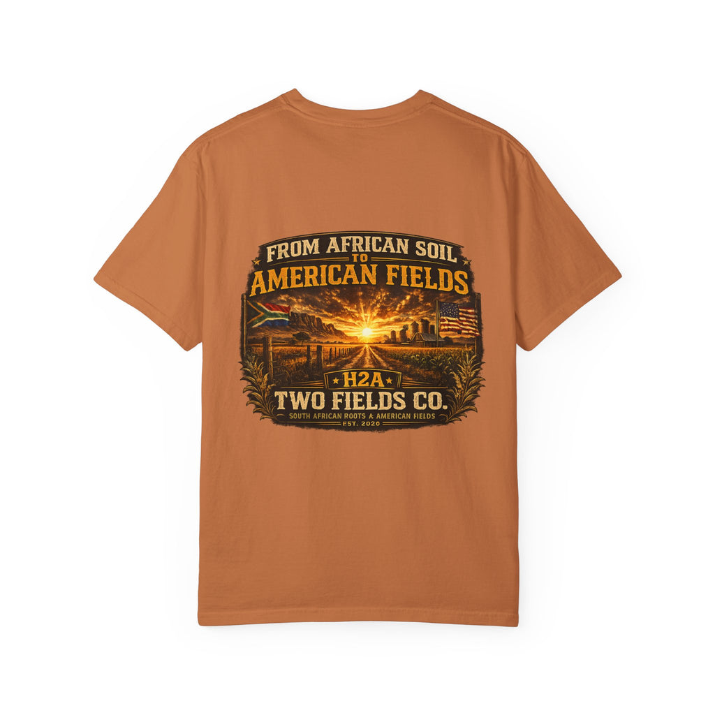 Rust brown T-shirt with large vintage farm sunset graphic and text