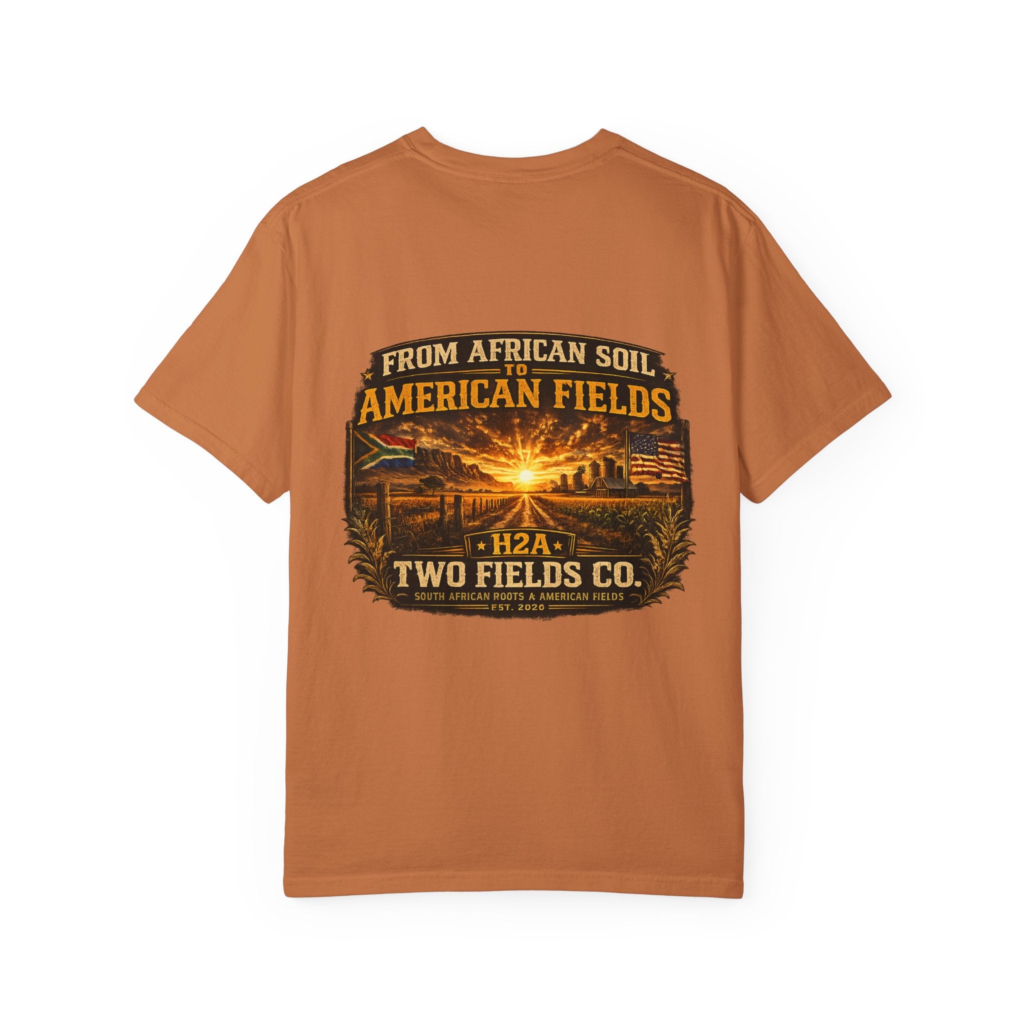 Rust brown T-shirt with large vintage farm sunset graphic and text