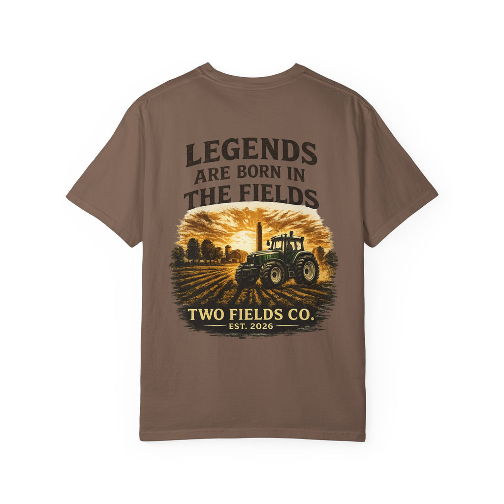 Brown graphic farm tractor T-shirt with 'Legends Are Born in the Fields' print.