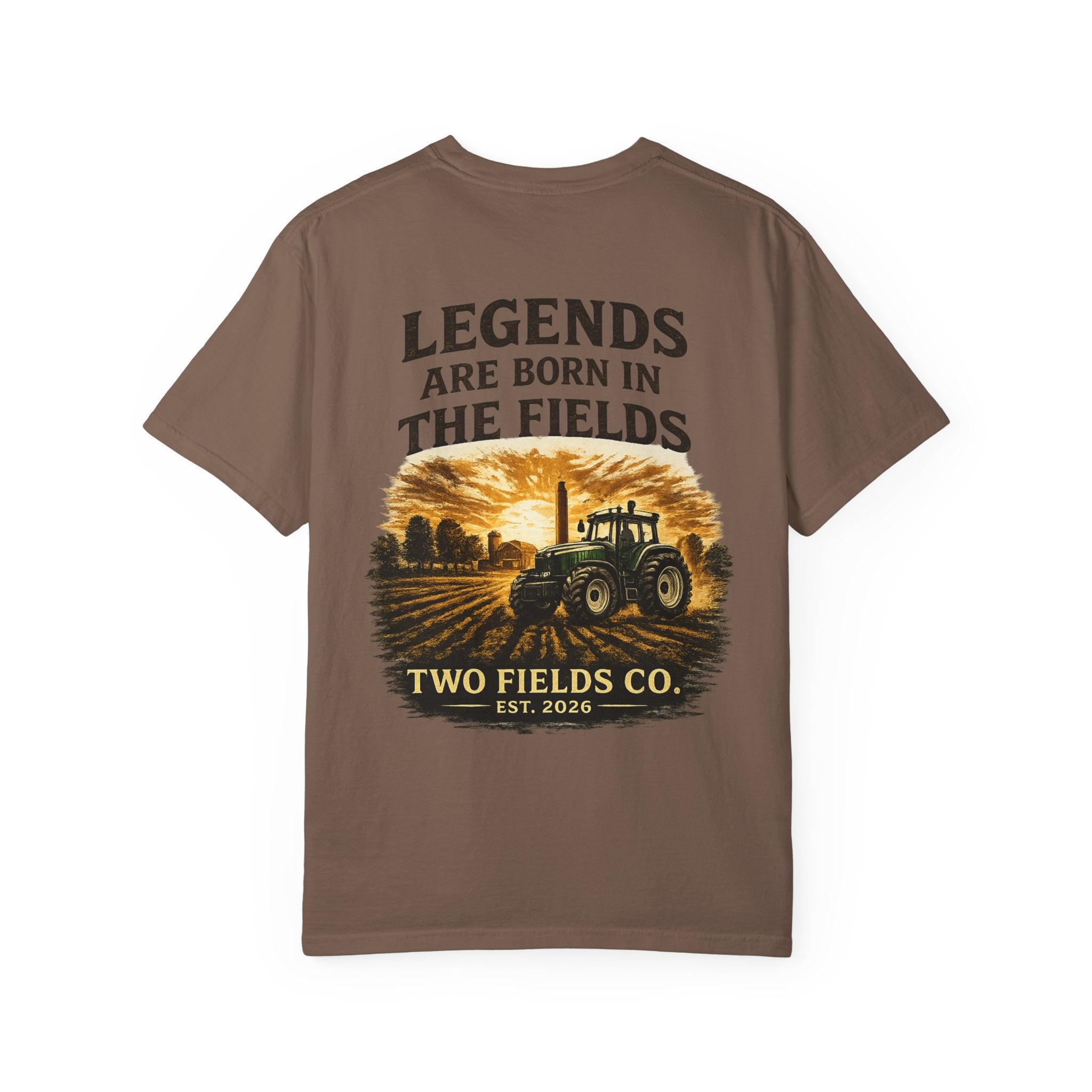 Brown graphic farm tractor T-shirt with 'Legends Are Born in the Fields' print.