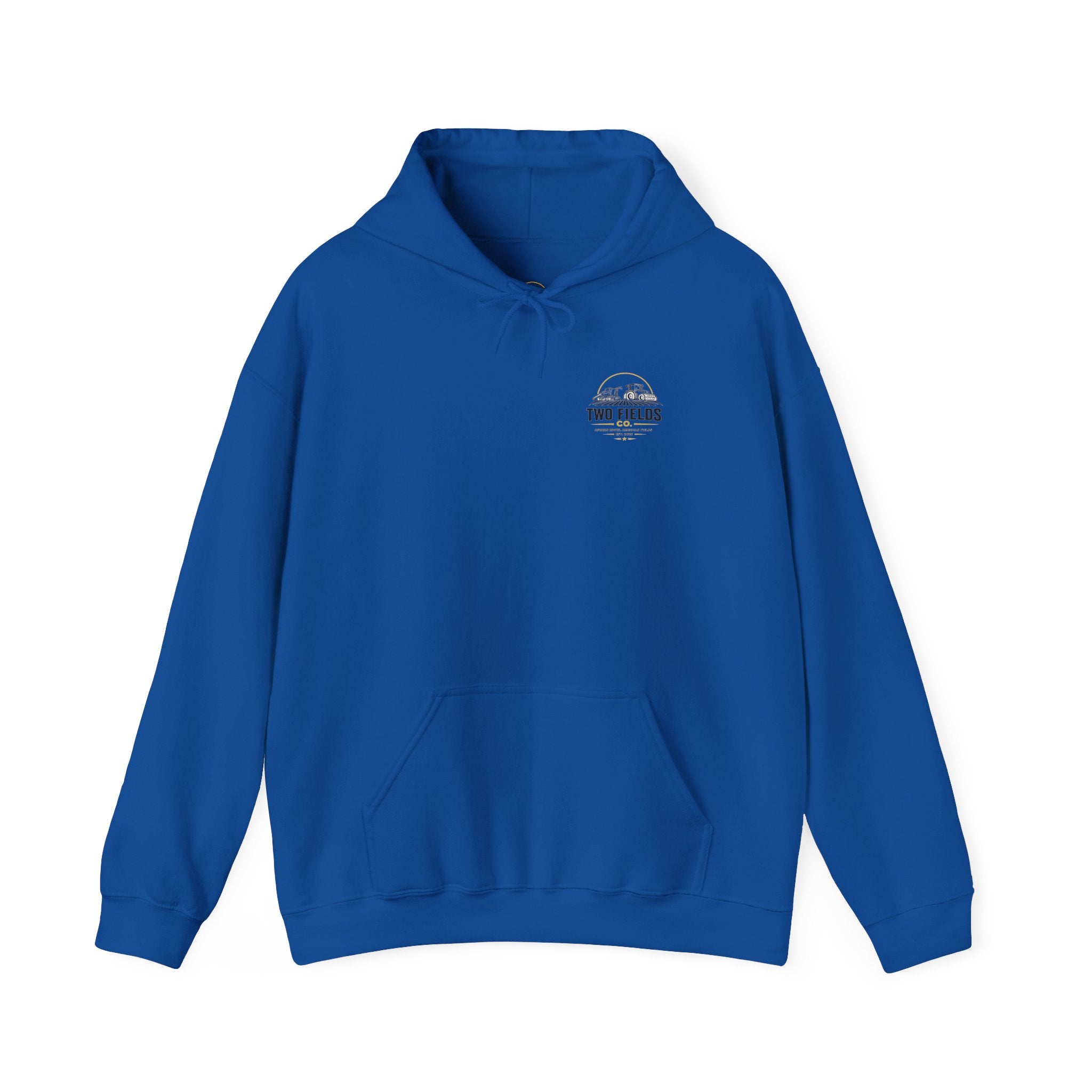 Royal blue pullover hoodie with front kangaroo pocket and small chest logo patch