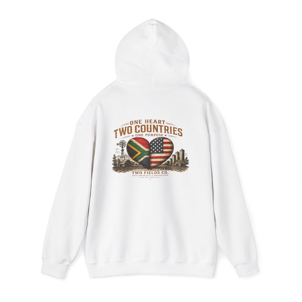 White pullover hoodie with front-facing hood and large chest heart graphic