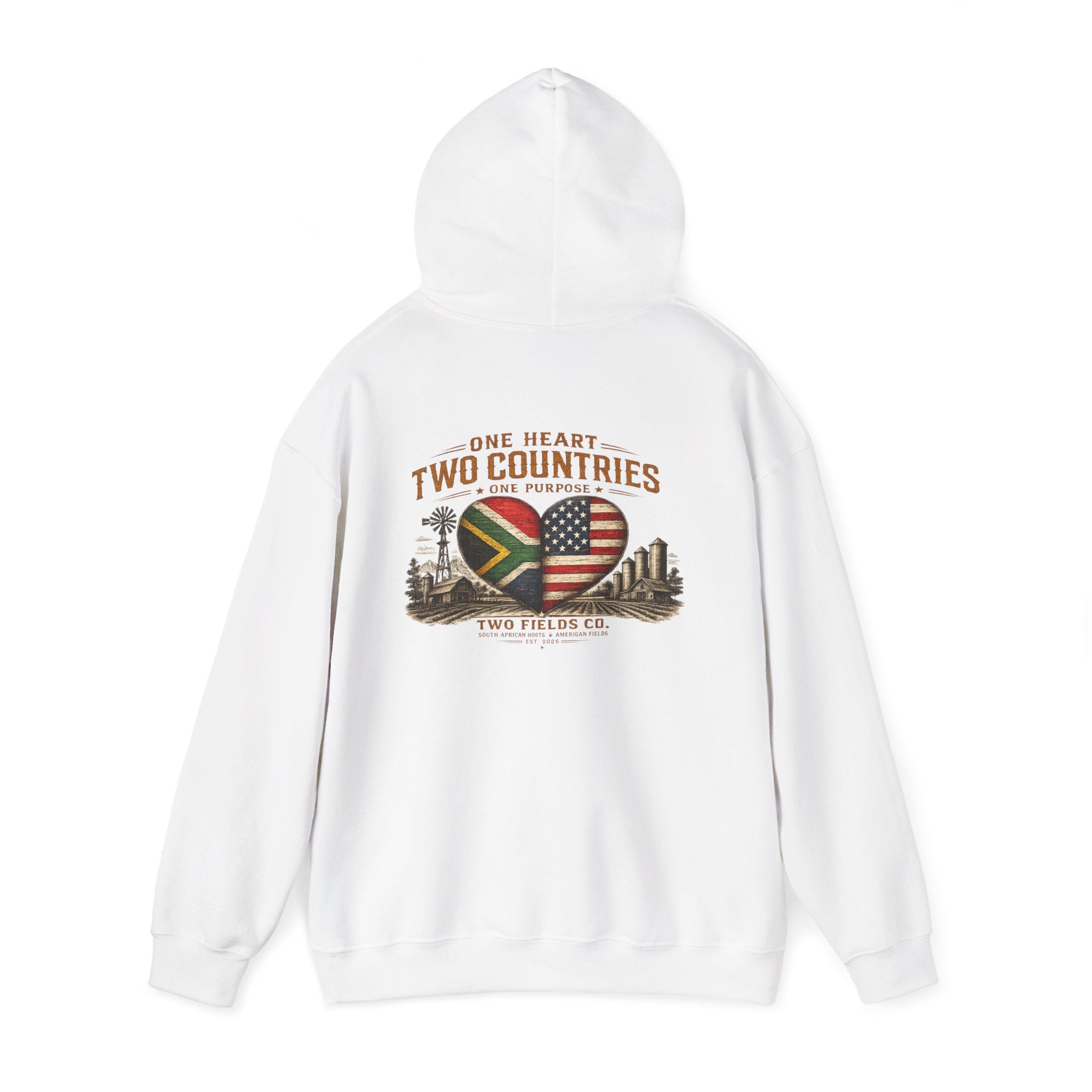 White pullover hoodie with front-facing hood and large chest heart graphic