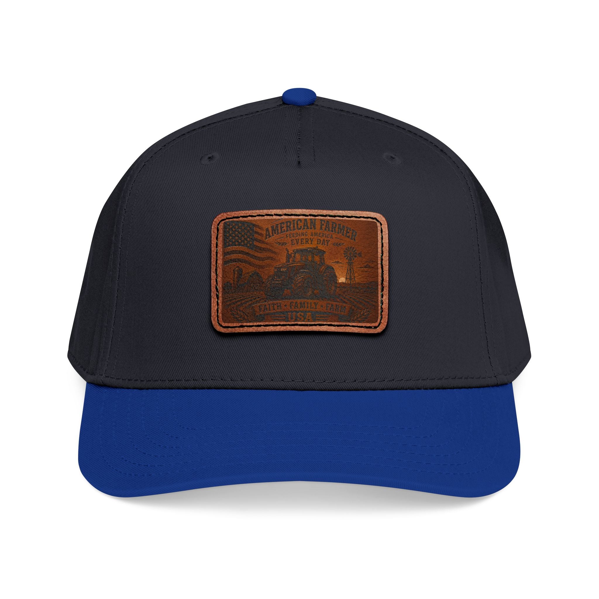 Leather patch baseball cap, black with royal blue underside brim and tan rectangular patch