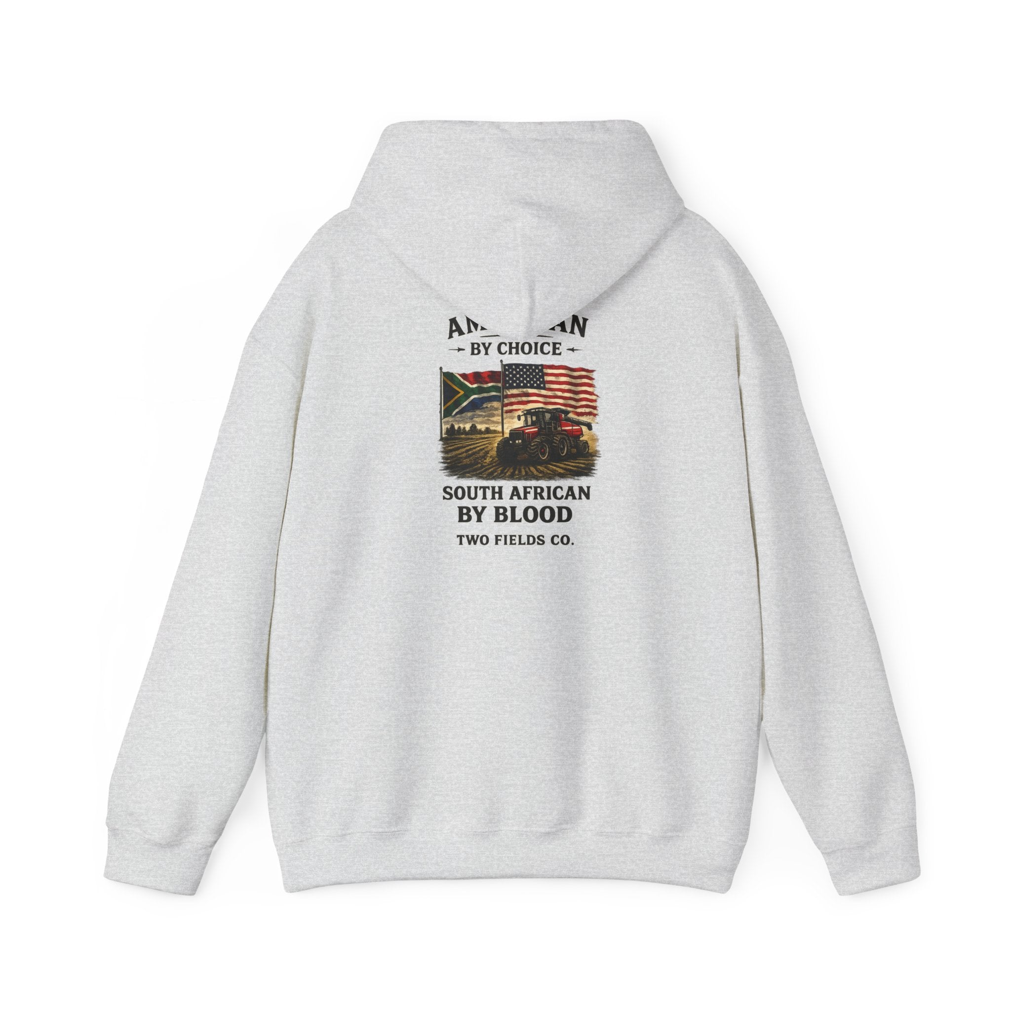 Light grey hoodie with back graphic text and multicolor flag print