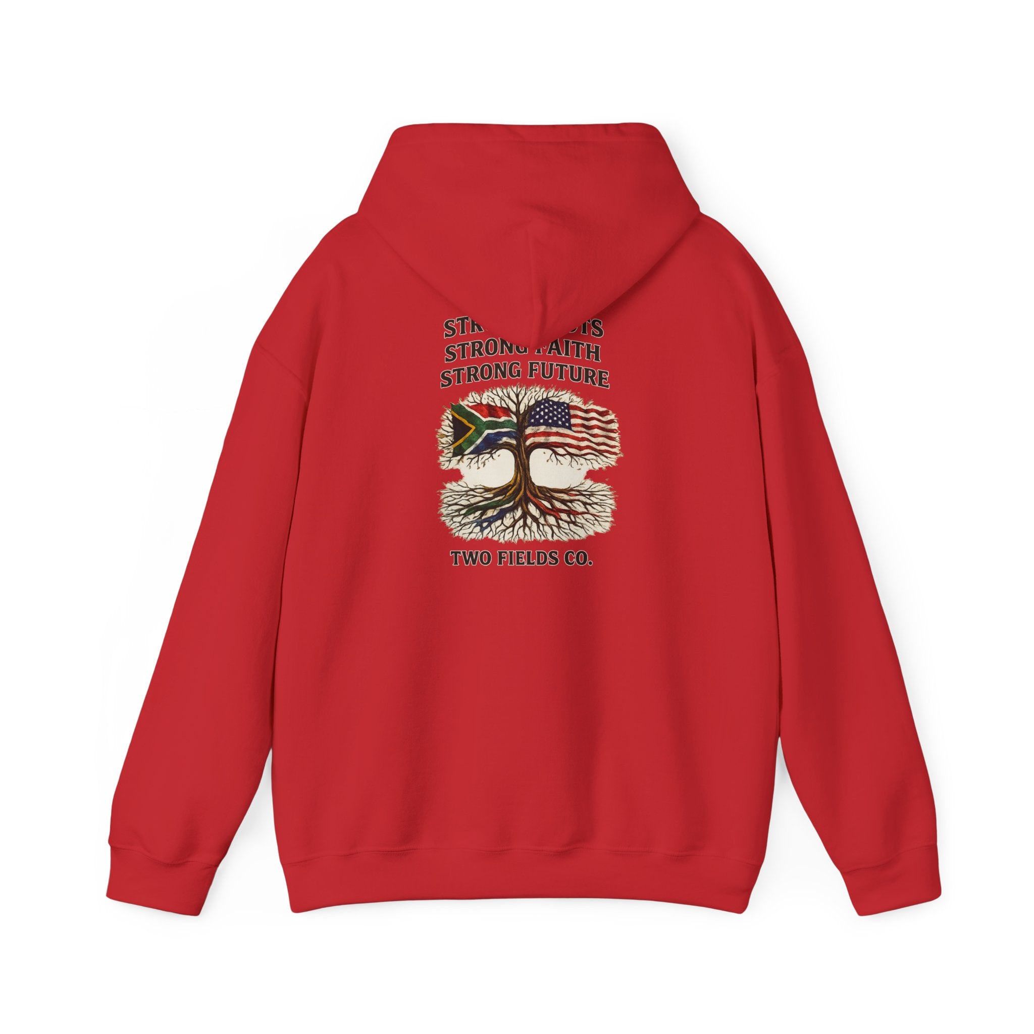 Red hoodie with hood and back graphic print, long sleeves, pullover style