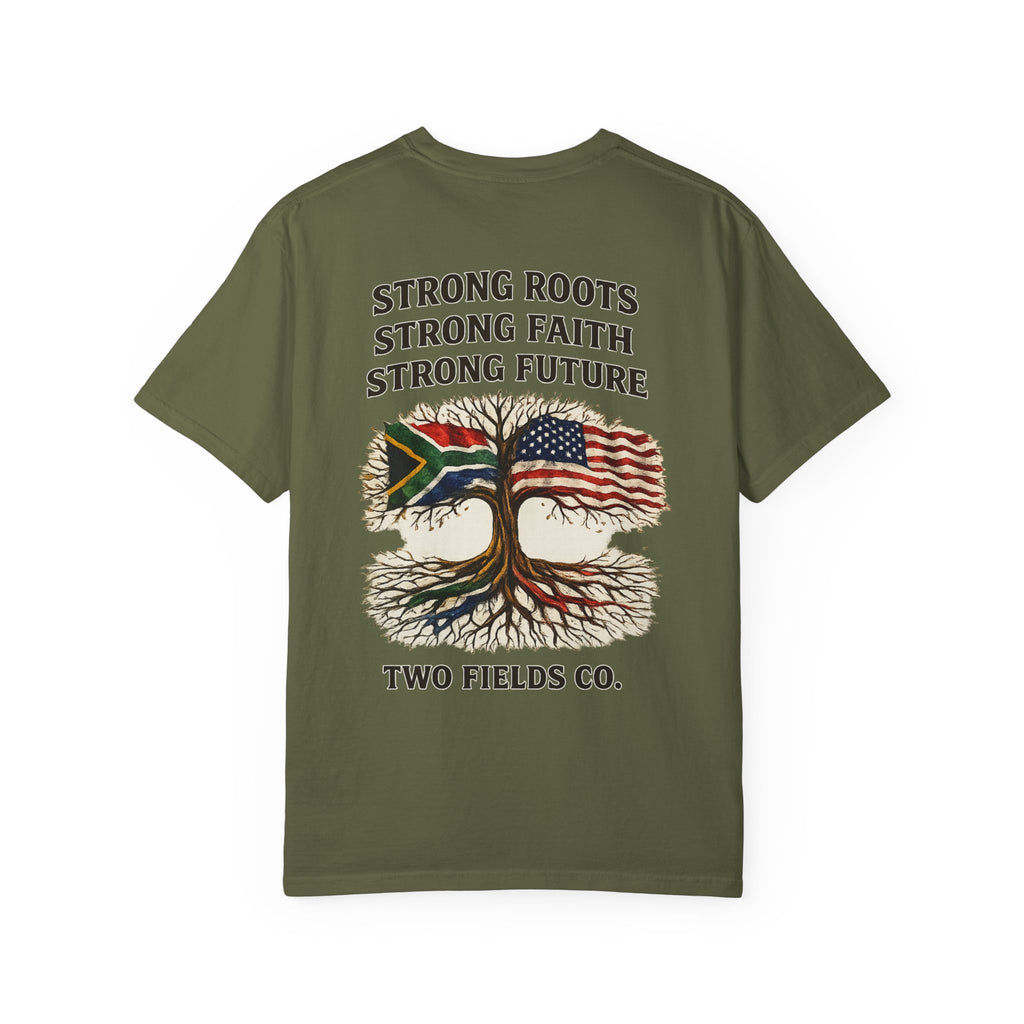 Olive green t-shirt front graphic with tree and flags plus “STRONG ROOTS” text